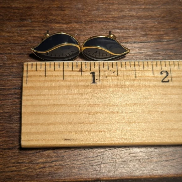 Vintage 1980's Gold Navy Blue Tear Drop Earrings - Picture 2 of 5